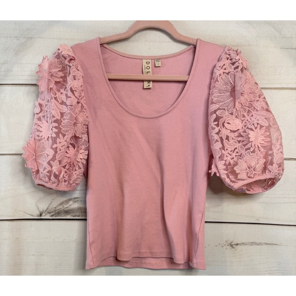 Dolan Left Coast Pink Ribbed Knit Top Floral Lace Puff Sleeve Scoop Neck Women M